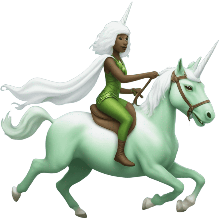 a green amazon alien woman on a white unicorn emoji