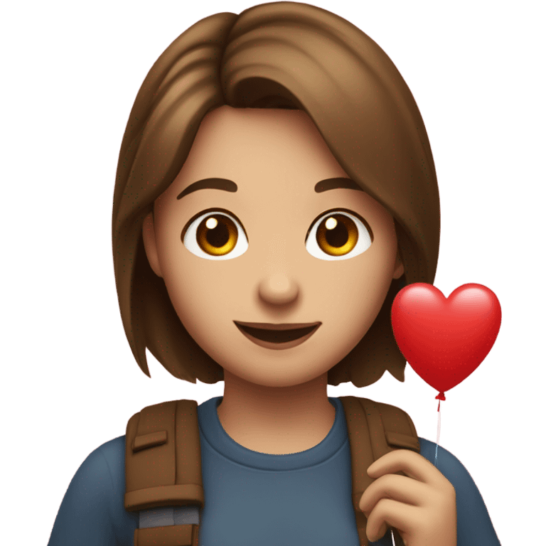 smiling girl with brown hair with heart balloon emoji