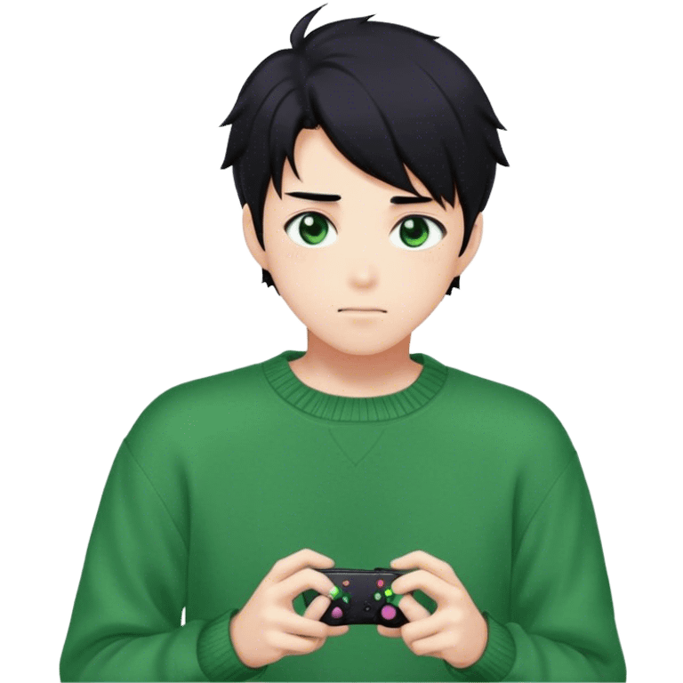 Gorgeous green sweater black hair anime style shojo guy with blushing face and gamer, aesthetic, trending style outside  emoji