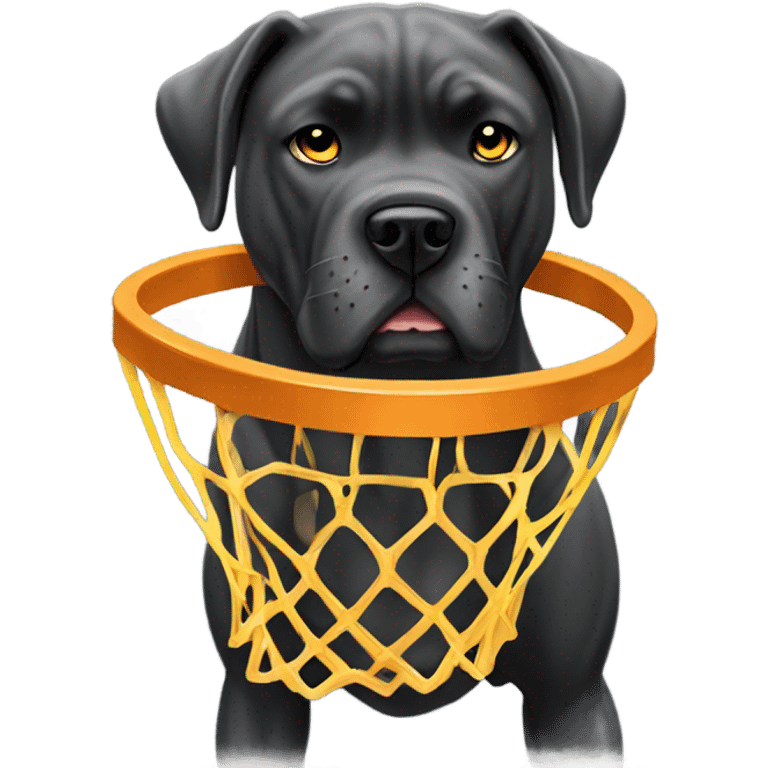  A black Cane Corso dunking a basketball wearing a gray and gold cape. emoji