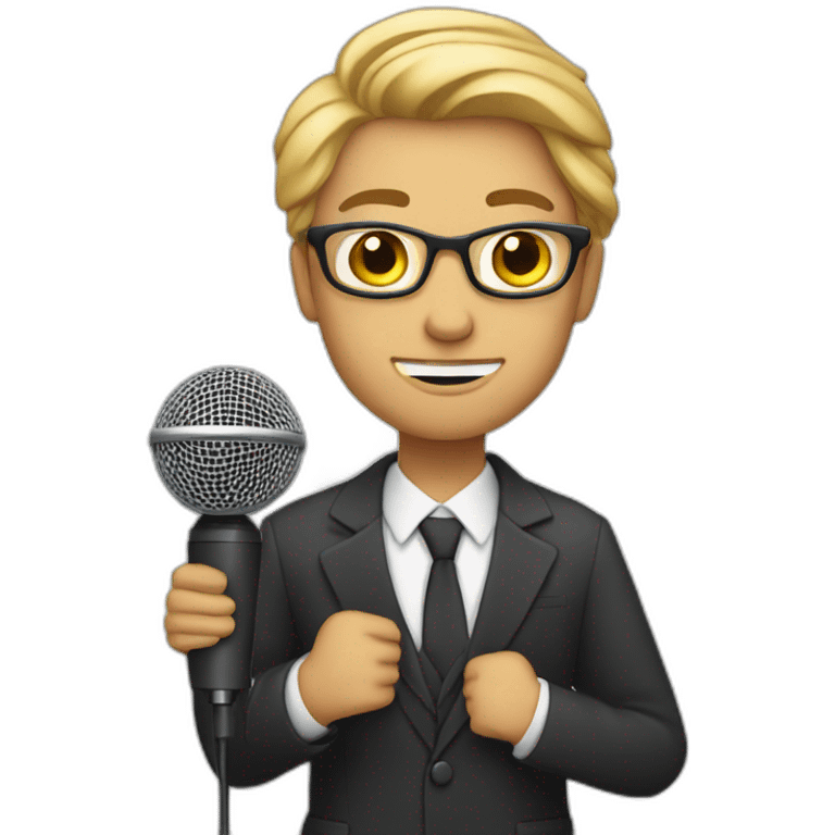 white journalist standing confidently while holding a microphone. The journalist should be in professional attire emoji