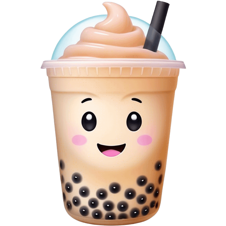 Cinematic pastel-colored bubble tea, chubby cup with a smiling face, tiny black tapioca pearls peeking out, soft glowing background, playful and adorable. emoji