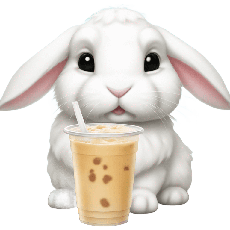 White mini lop rabbit drinking boba tea emoji