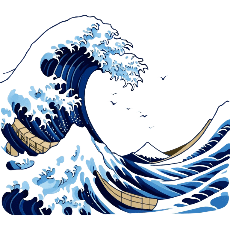 Cinematic Realistic Great Wave off Kanagawa, depicted as a colossal, crashing wave with dynamic blue hues and frothy white crests, rendered with intricate textures and fluid motion that captures both the timeless power and poetic beauty of the iconic Japanese artwork emoji