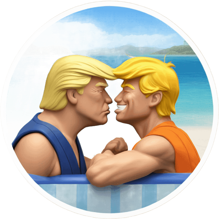 Photo realistic Donald Trump, kissing Goku at the beach by the pool emoji