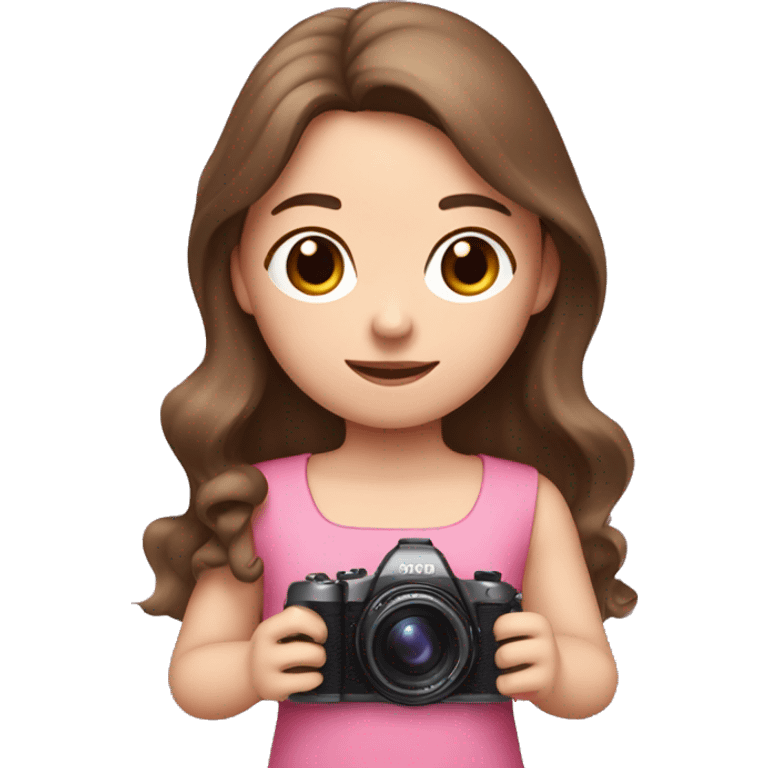 cute white girl with long brown hair, in pink dress and camera in her hands emoji