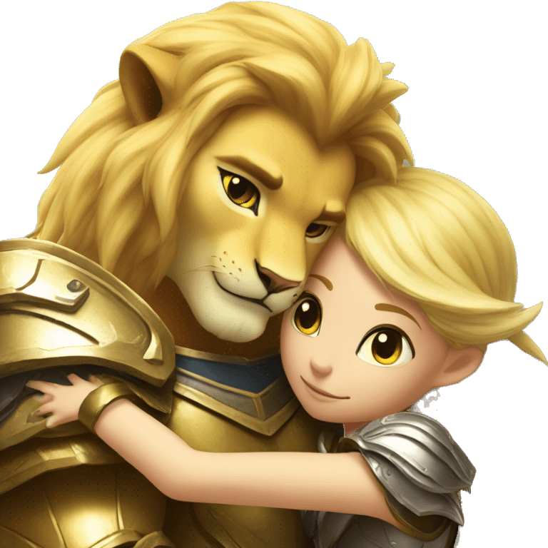 A lion leonin with golden armor hugging a female blonde elf  emoji