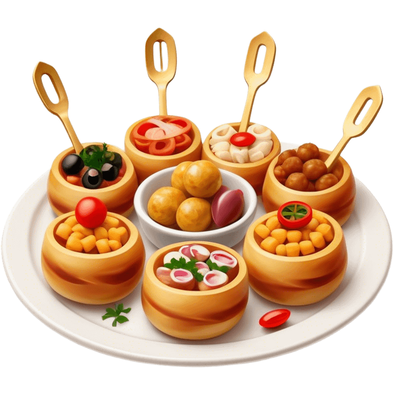 Tapas (4 Pintxos) Cinematic Realistic Tapas Dish Emoji, depicted as an assortment of 4 pintxos elegantly arranged on a plate, rendered with lifelike textures and vibrant, inviting lighting. emoji