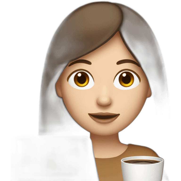 woman with long straight brown hair and pale skin and a laptop on top of her head drinking coffee emoji