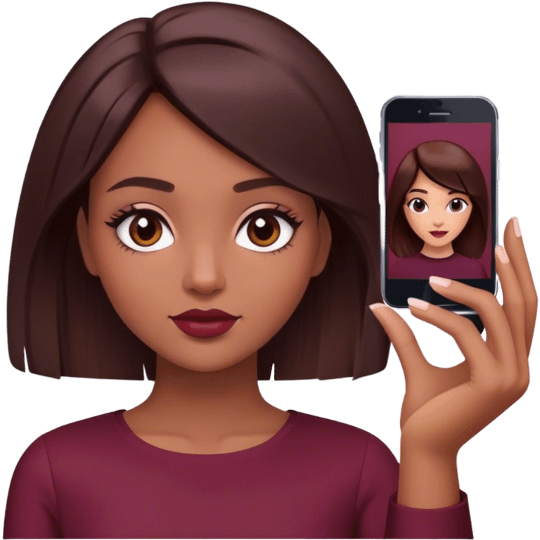 A brunette girl with a square hairstyle , selfie burgundy emoji