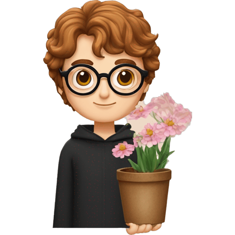 Dessine Harry potter avec des lunettes rondes un baguettes magique dans une main avec les cheveux ondulés avec une cicatrice sur le front et des pots de fleurs dans les mains  emoji