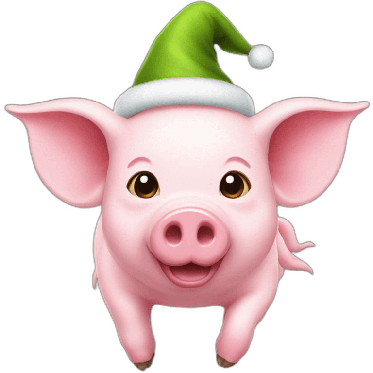 emoji of a flying pig with an elf hat emoji