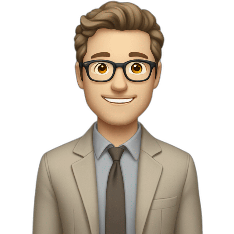 Joyful Pale skinned Fit Man With dark brown hair in gray jacket, beige office shirt, Brown pants and vintage glasses. His thrumbs up emoji