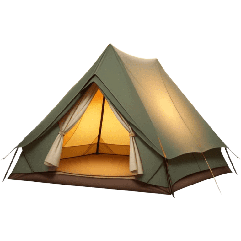 Cinematic Realistic Tent, a sturdy canvas tent nestled among tall trees, warm golden light spilling from inside, gentle folds in the fabric visible, glowing against the cool, dark forest backdrop, evoking a sense of adventure and comfort. emoji