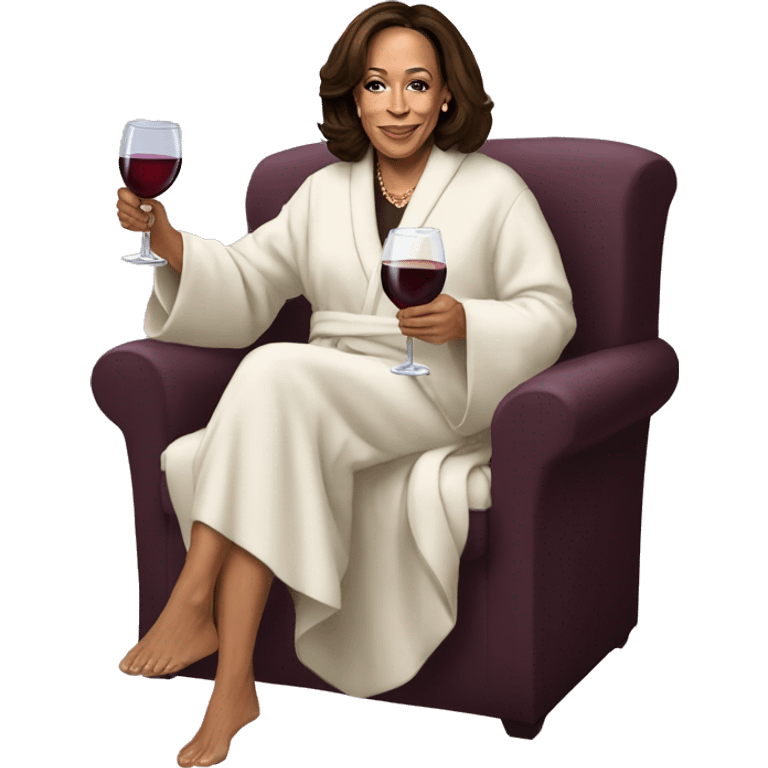 Kamala Harris wearing robe and slippers drinking wine emoji