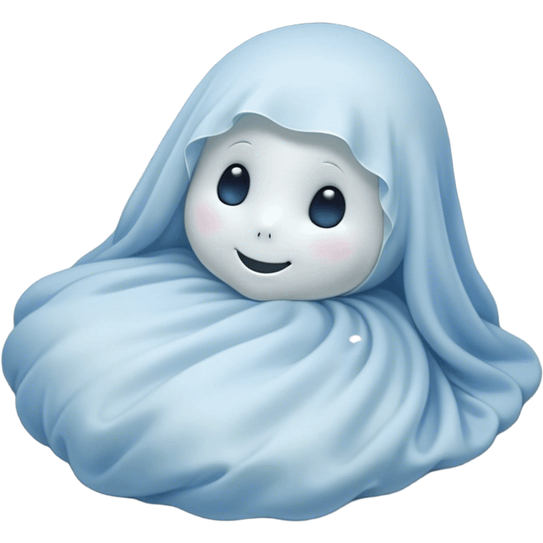 An adorable, peacefully floating sheet-like ghost in gentle pastel whites and blues, its soft, rounded form loosely draped, head resting with closed, serene sparkling eyes and a tiny, contented smile, simplified yet irresistibly charming, highly detailed, with a soft glowing outline that captures the essence of a sleepy, endearing spirit wrapped in cozy slumber! emoji