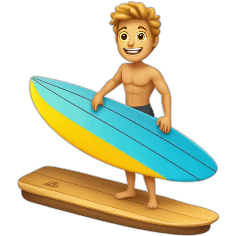 photocopieur de type cartoon qui serait une mascotte en train de prendre une belle vague sur une planche de surf avec un beau soleil emoji