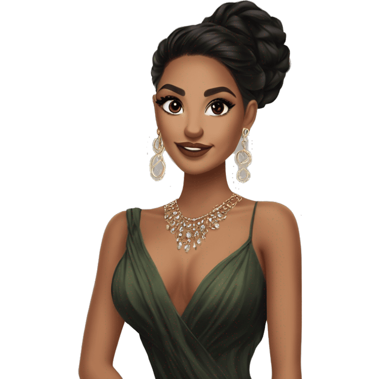 Glamorous, cocktail dress, black balayage hair, long wavy hair, olive skin, brown almond eyes, winged eyeliner with big lashes, wearing hooped earrings, rings and bracelets  emoji