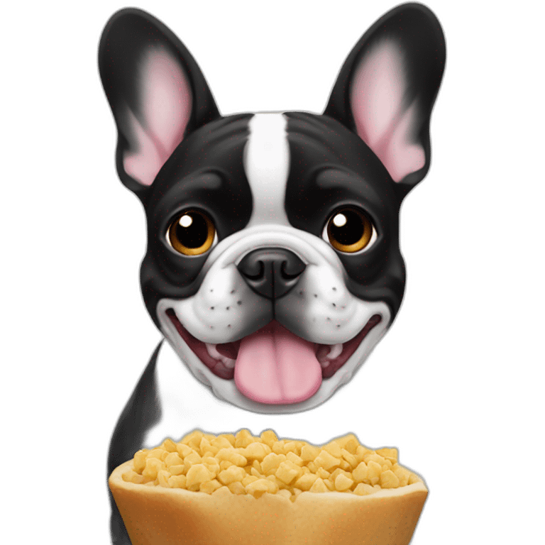 black and white French bulldog eating emoji