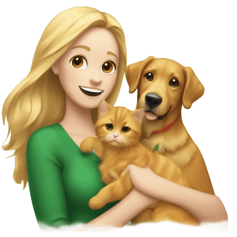 Women holding an orange cat and a golden retriever via a Christmas tree emoji