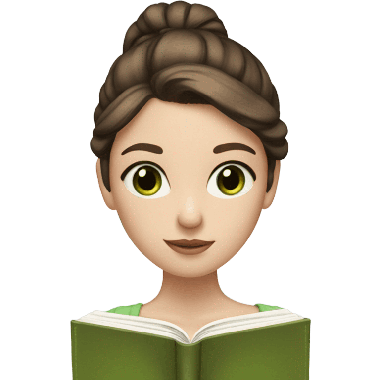 Girl with brown hair in a low bun, wispy bangs, green eyes, pale skin, reading a brown book emoji