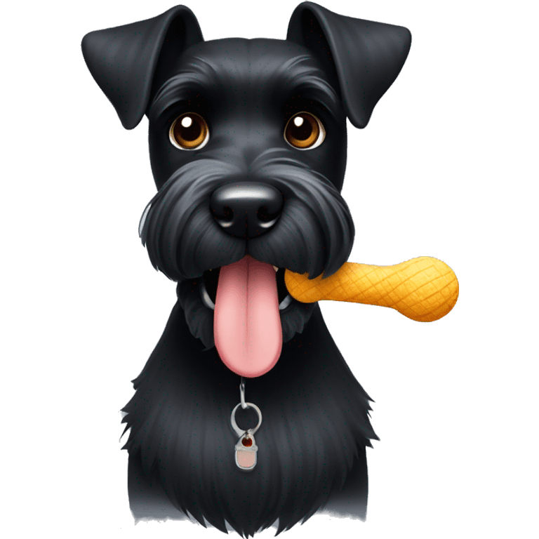 A black miniature schnauzer with a dog toy in his mouth   emoji