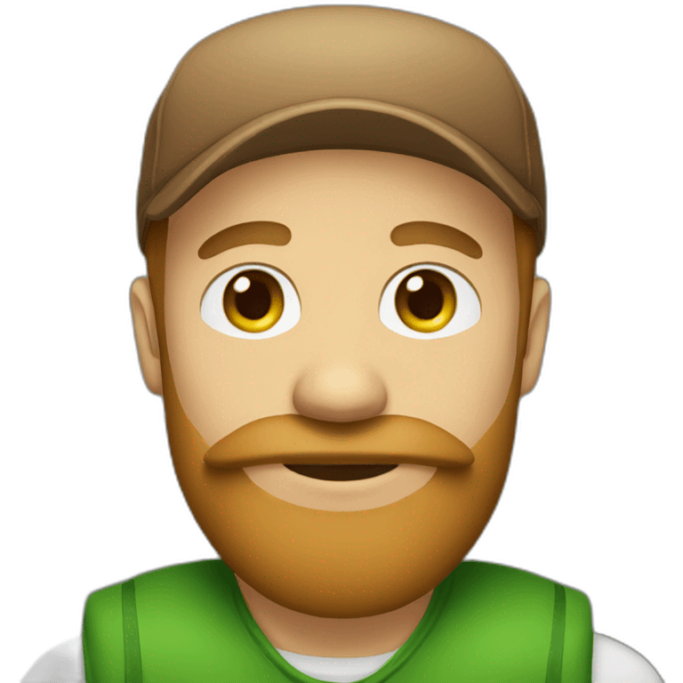 man with green eyes, light brown beard, moustache, and red bini hat emoji