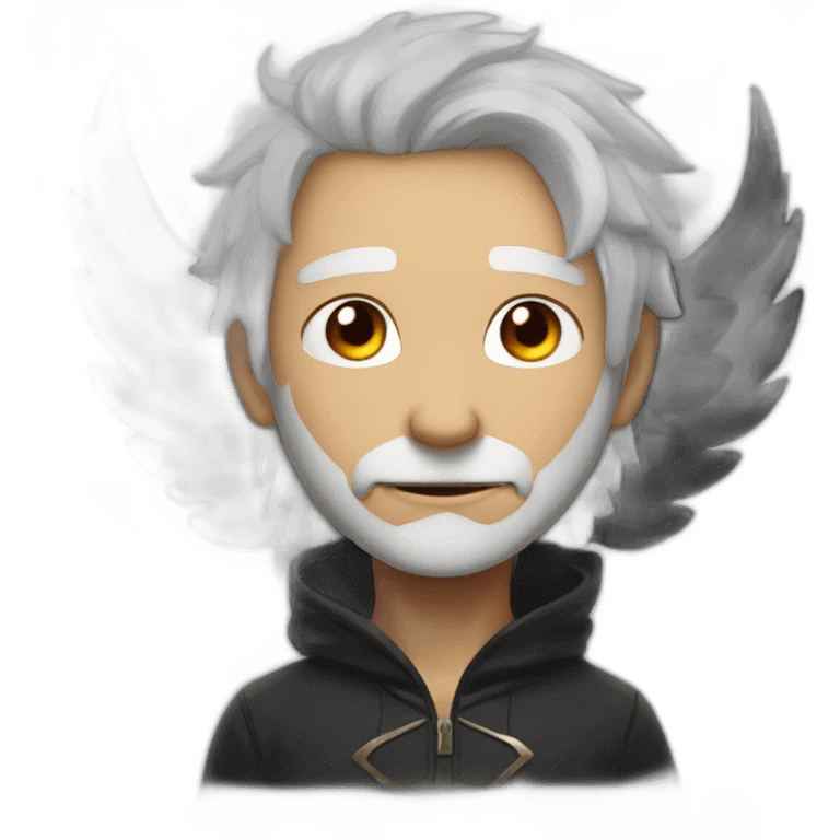 lunarian onepiece, white hair, brown skin, black wings, flame on the back, star pupils emoji