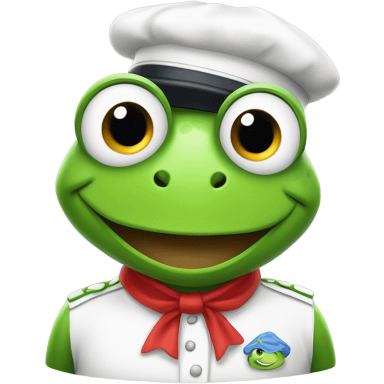 Frog with red and white store uniform with a cute formed emoji