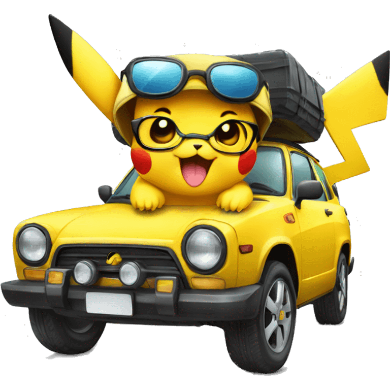 Pikachu avec des lunettes de soleil qui conduit une voiture  emoji