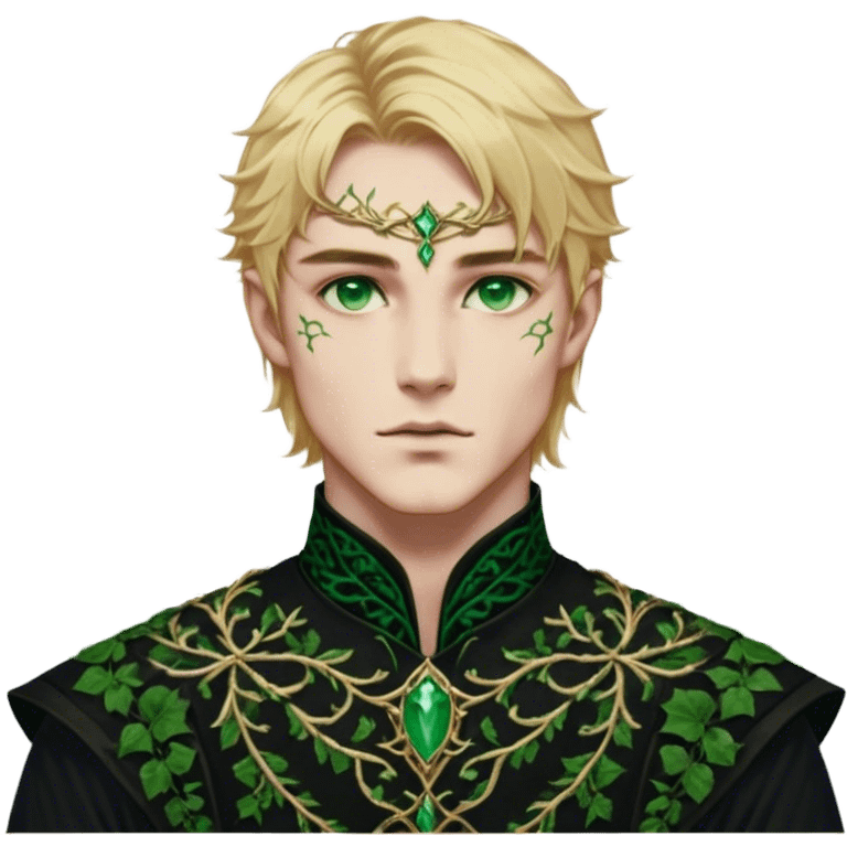 A golden-haired High Fae male with striking emerald-green eyes, his features sharp and aristocratic. He wears a deep black tunic embroidered with green ivy-like patterns, symbolizing his connection to nature. Though his broad frame and strong jawline exude power, there is a weight behind his eyes—something restrained, something broken. emoji