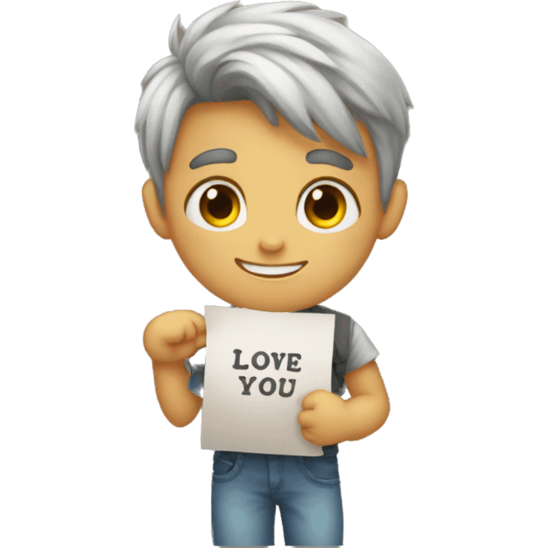 A boy holding a banner which says oliviya i love you emoji