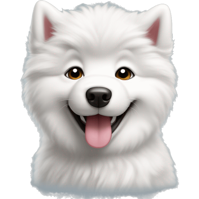 Samoyed puppy with tongue out facing you looking very happy emoji