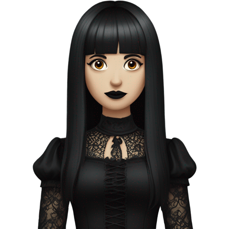 one single goth women, dark hair, long hair, short bangs, dark makeup, gothic detailed dress emoji