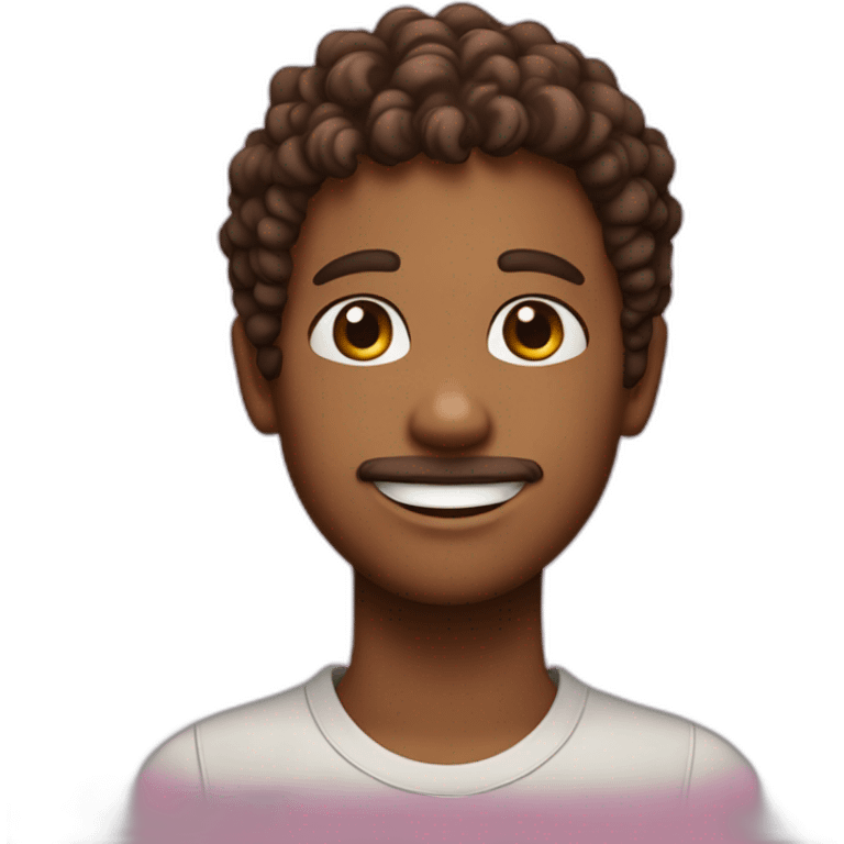 a boy with curly brown hair and a small pink streak. With a small beard. Smiling  emoji