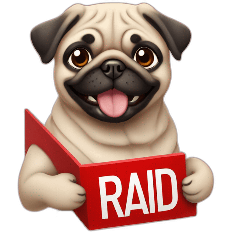 smiling pug holding a sign that reads the word "raid" in big red font emoji