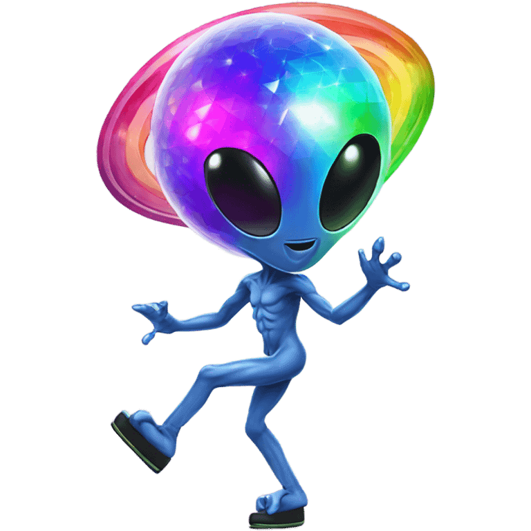 Rainbow alien dancing under a disco ball emoji