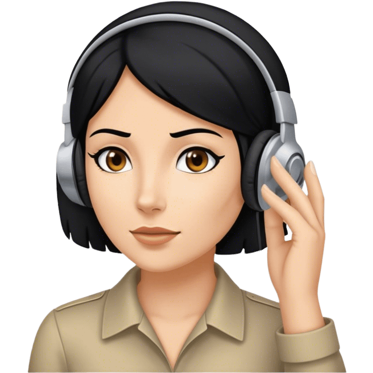 white Woman  with black hair with headset and her hand in her left ear like trying ti hear better like a spy  emoji