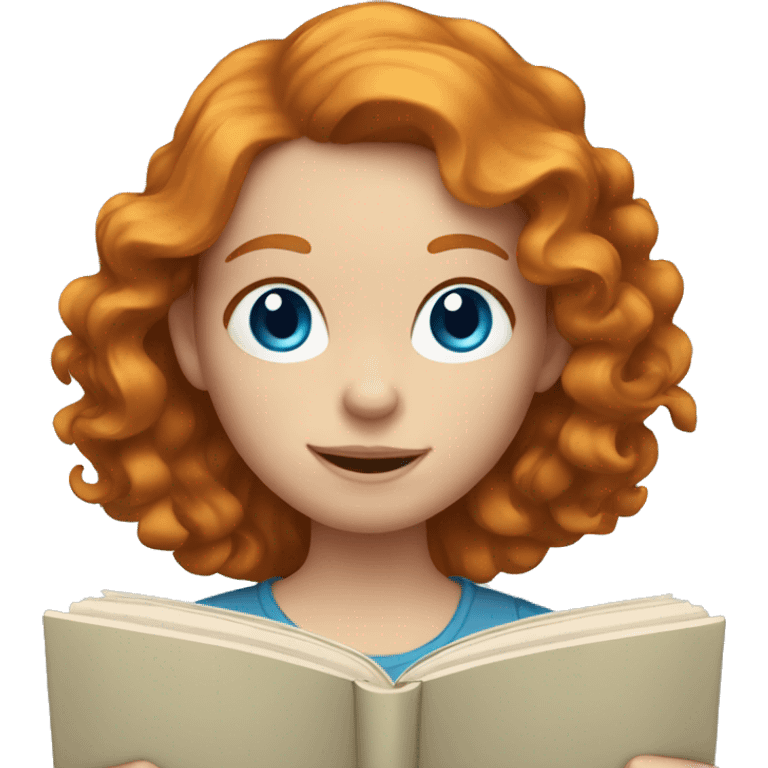 Ginger girl with wavy hair and blue eyes reading emoji