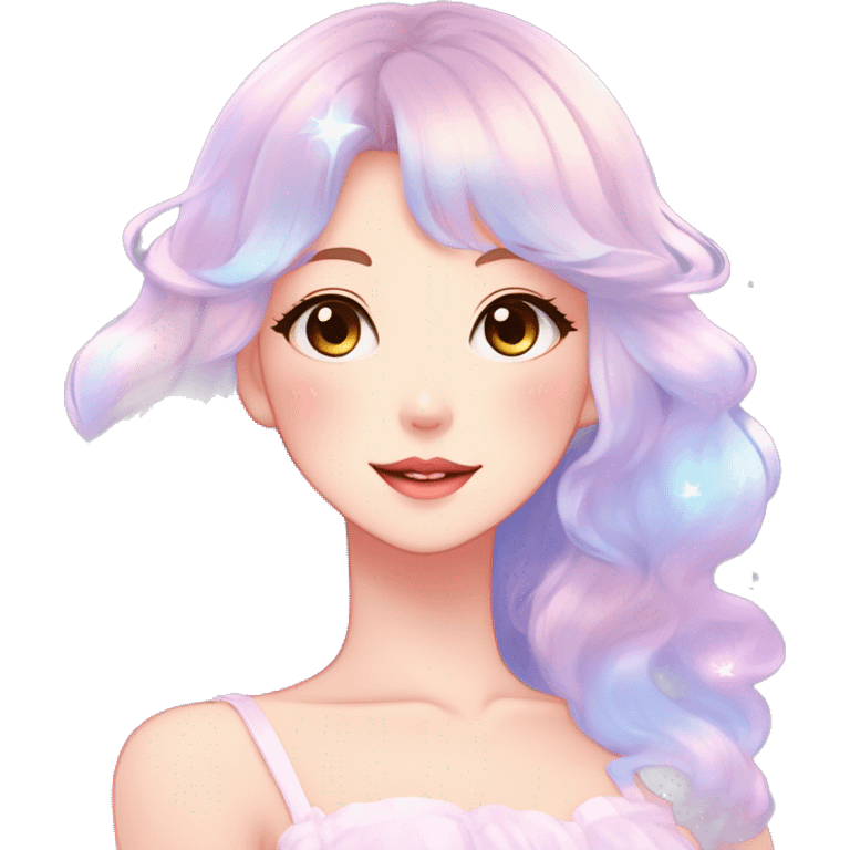 Gorgeous pastel anime style lady blushing face dreamy idol model colorful shiny stars galaxy kawaii cottagecore pearly petite simplistic aesthetic trending style emoji