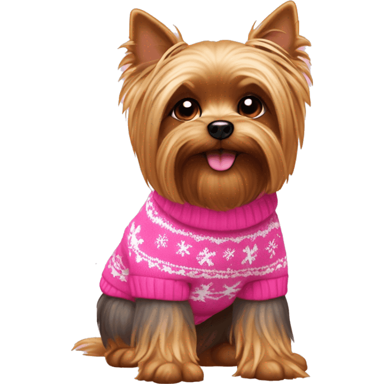 Yorky dog wearing a pink Christmas sweater sitting down emoji