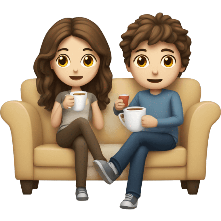 a couple  BOY and Girl with white skin and brown hair are sitting on the sofa and drinking tea, the girl has long hair emoji