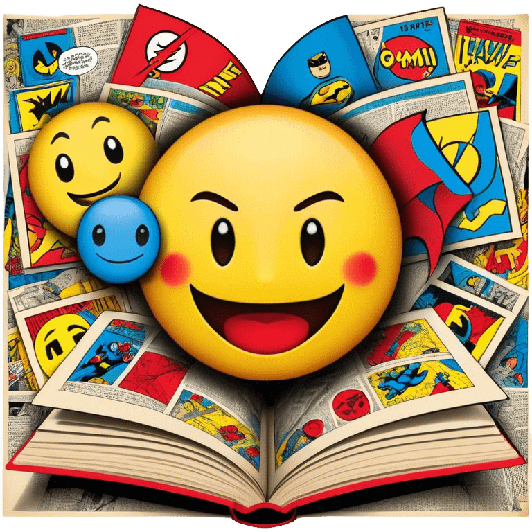 Create a vibrant emoji, representing comic books and graphic novels as an art form. The design should feature a large, opened comic book with vintage comic panels on the pages. Include a pencil (without a hand), writing text or sketching on the pages. The comic panels should have bold lines and retro-style artwork with classic comic book visuals. Use bright, energetic colors like red, yellow, and blue to evoke excitement and creativity. The overall design should feel dynamic, vintage, and artistic. Make the background transparent. emoji