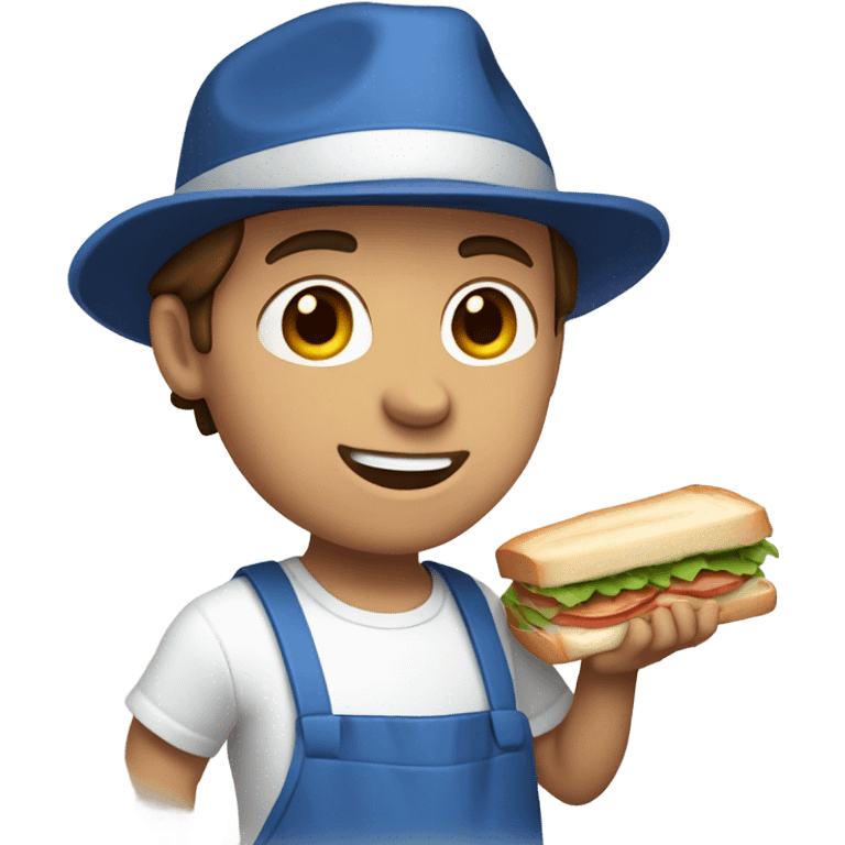 Male with brown hair and blue eyes with white shirt and blue apron with khakis and hat holding a sandwhich emoji