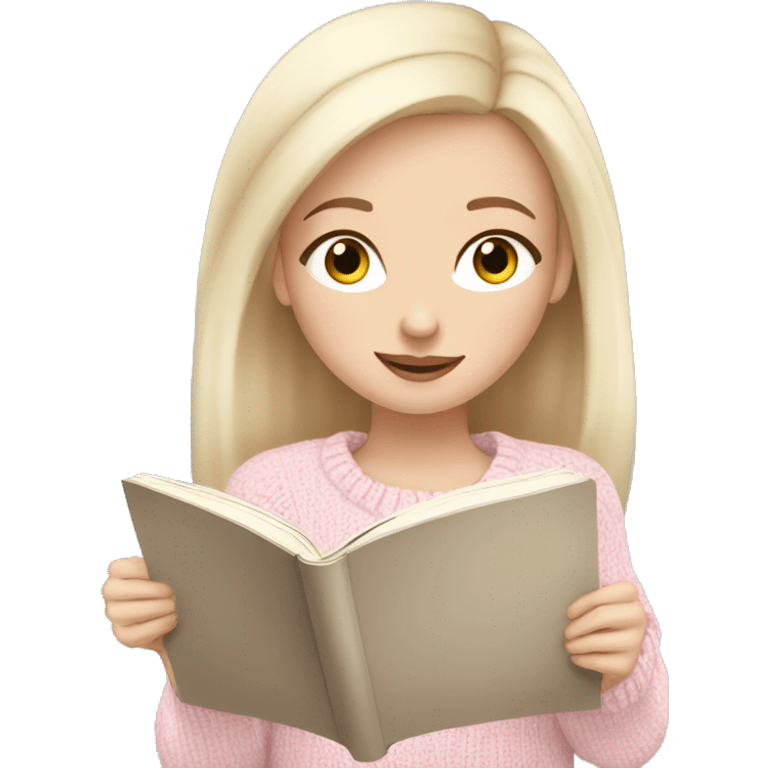 Pretty blue eyed white girl with light pink sweater reading cozy emoji