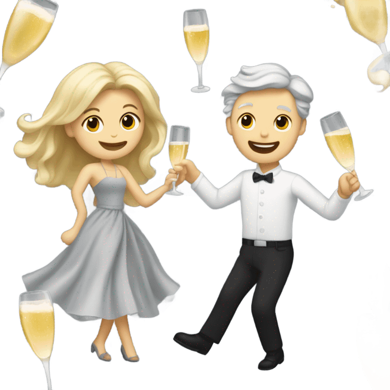 a white boy with gray hair and a girl with long blond wavy hair dancing with a glass of champagne emoji