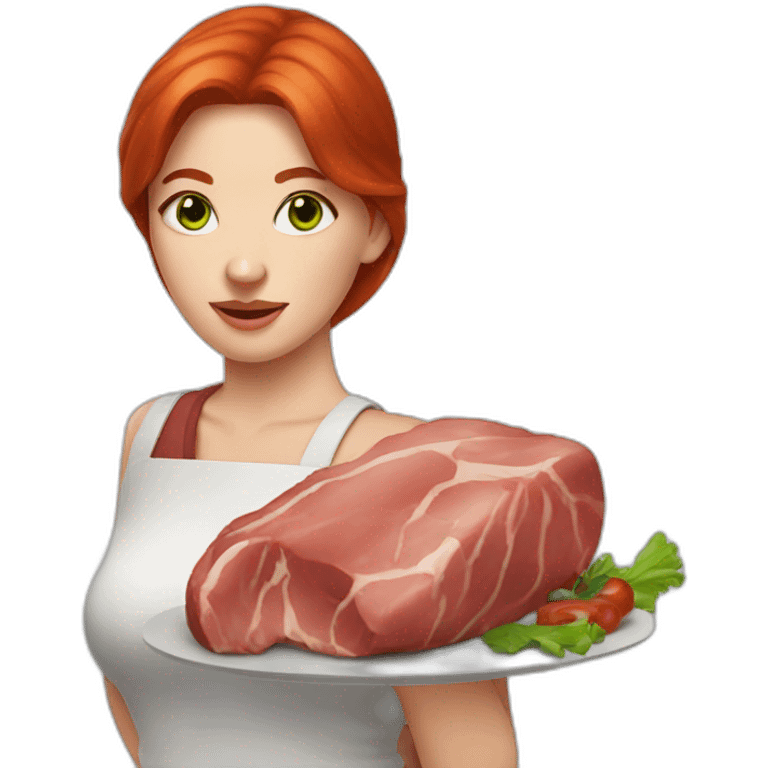 white skin red hair green eyes woman holding meat emoji