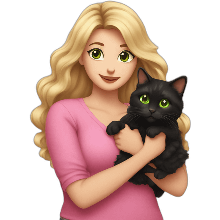 woman with green eyes and long wavy blonde hair and big boobs in a pink shirt is holding a very fluffy and fat black and tortoiseshell cat emoji