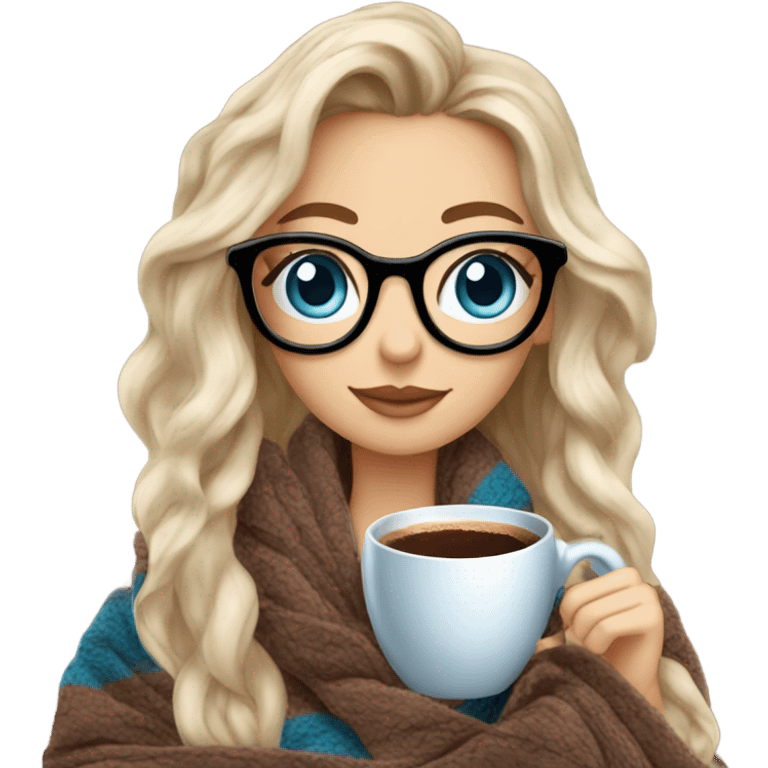 Balayage hair Girl drinking coffee, with a cozy blanket wearing glasses with blue eyes beautiful  emoji