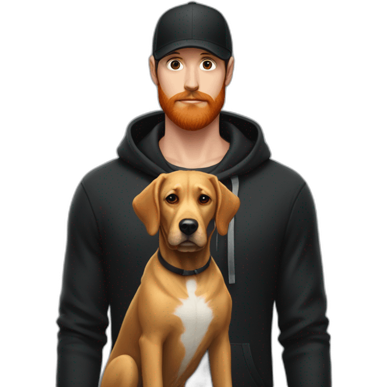 a handsome, slender man in a black cap and a hoodie with a hood worn over the cap, sporting a red beard, standing next to a black Labrador dog emoji